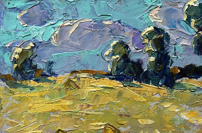 Oleksiy Ivanyuk oil painting of morning wheat field in teal impasto strokes