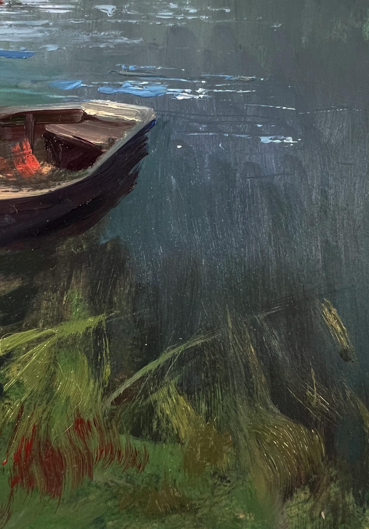 Oil painting The Winding River by Yuriy Suprunchuk: weathered rowboat on calm water
