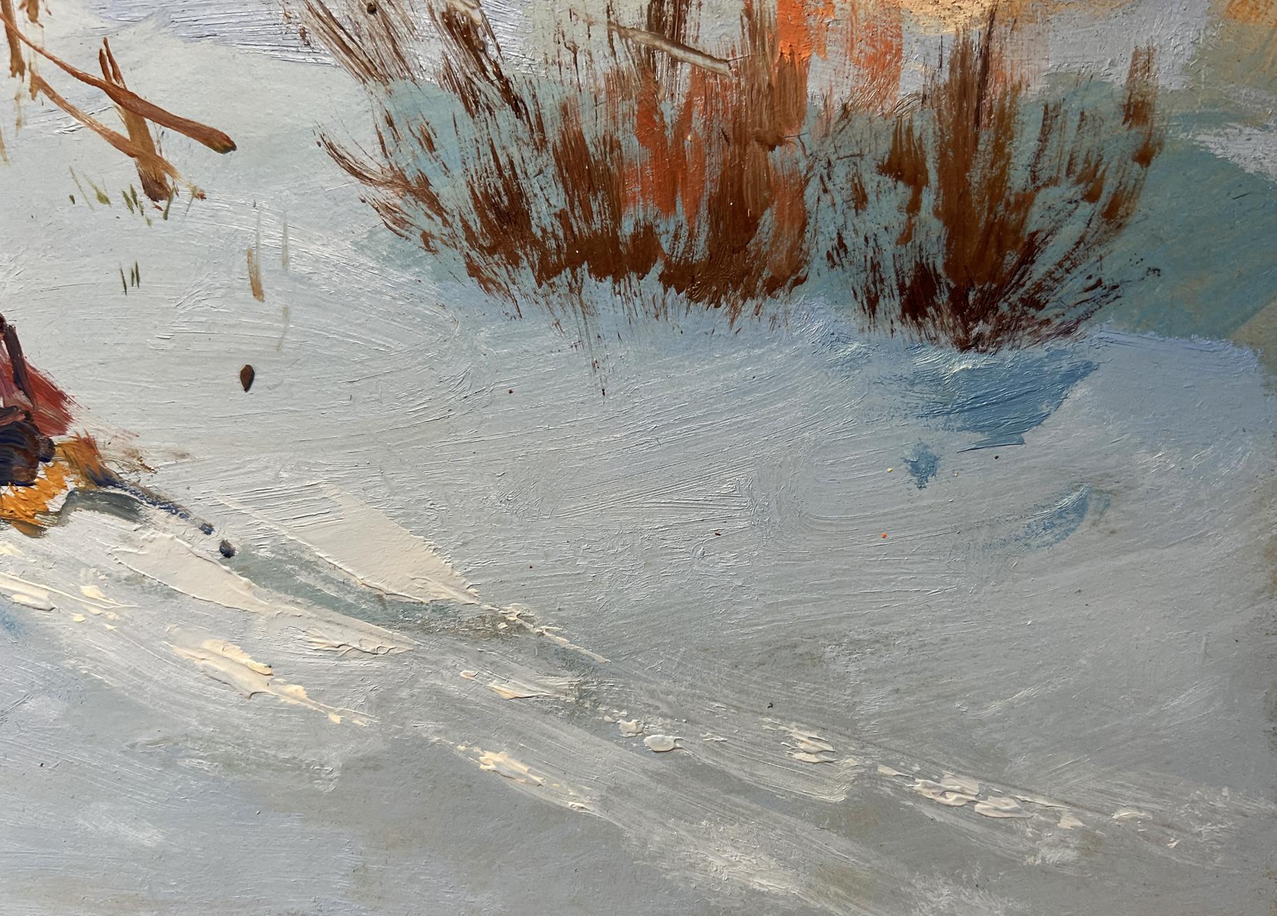 Oil painting Cozy winter evening by Yuriy Suprunchuk snowy textured canvas