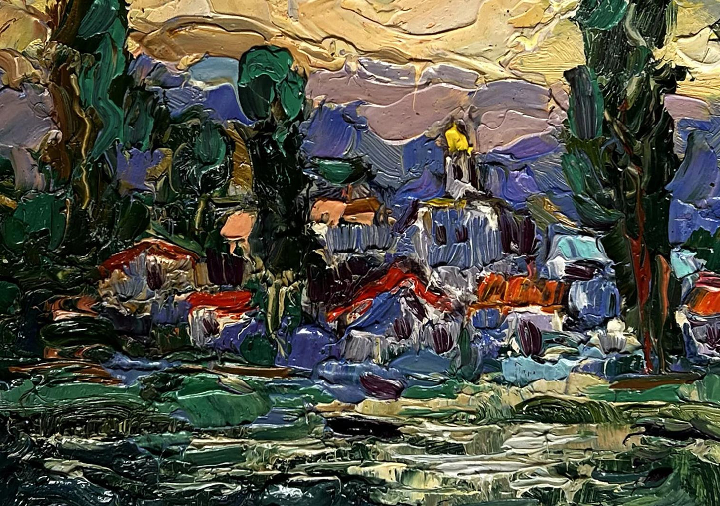 Impasto oil painting by Oleksiy Ivanyuk: village by river amid green hills