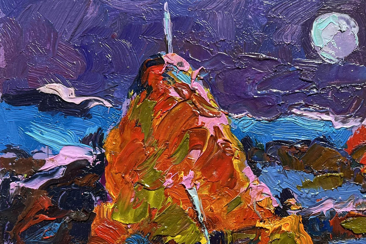 Vibrant oil painting Moonlit Night in the Field by Oleksiy Ivanyuk, starry purple mountain peak