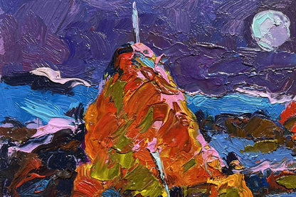 Vibrant oil painting Moonlit Night in the Field by Oleksiy Ivanyuk, starry purple mountain peak