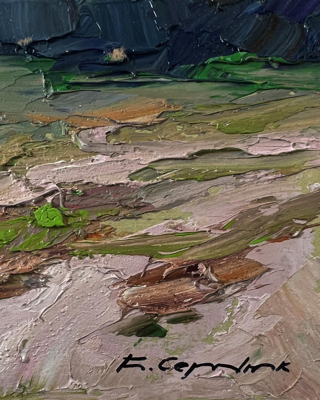 Oil painting Field with cows by Boris Serdyuk, textured green brown impasto