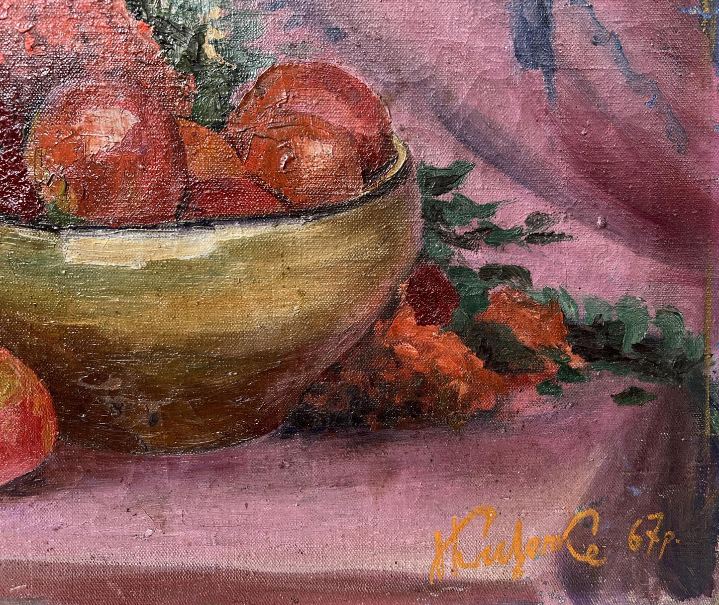 Oil painting The taste of life by Nestor Kizenko: golden bowl of red tomatoes on pink canvas