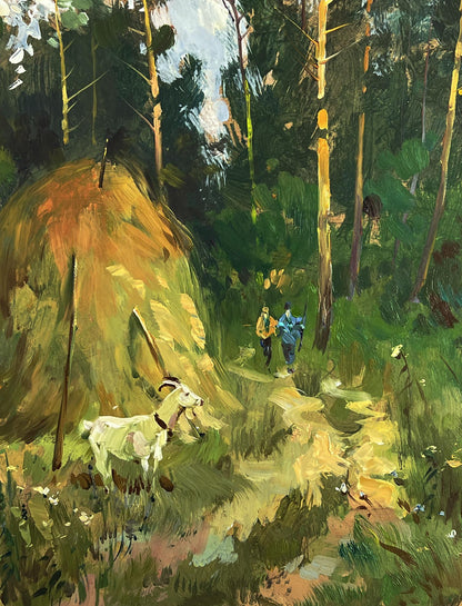 Oil painting The road to the forest by Yuriy Suprunchuk with hay bale