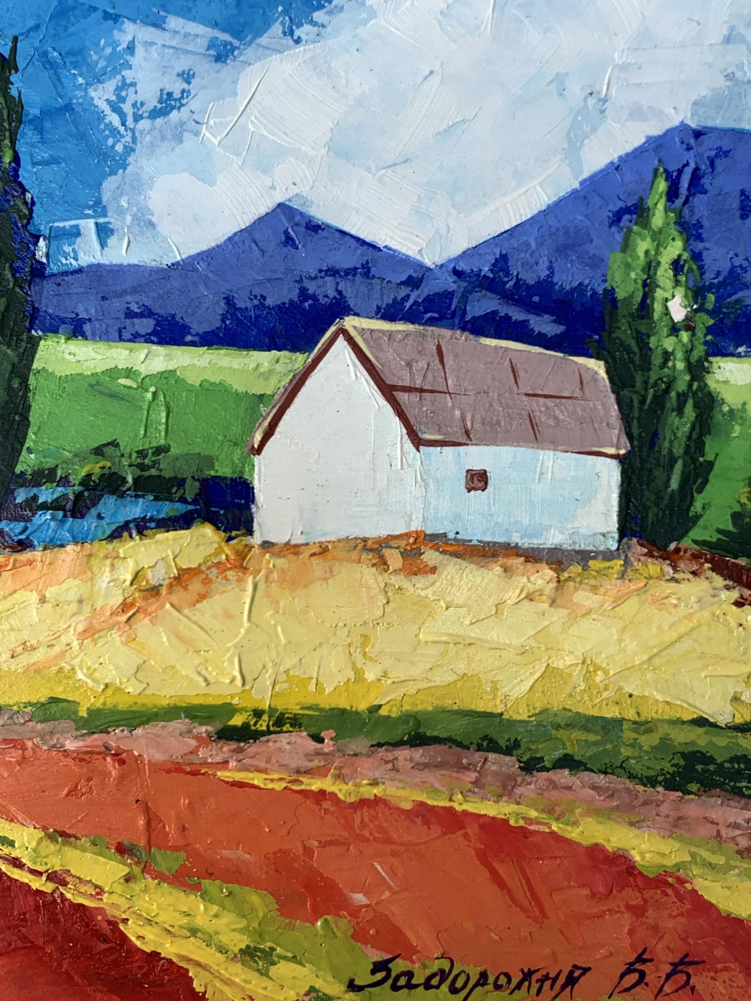 Oil painting of white barn with brown roof in vibrant mountains by V. Zadorozhnya
