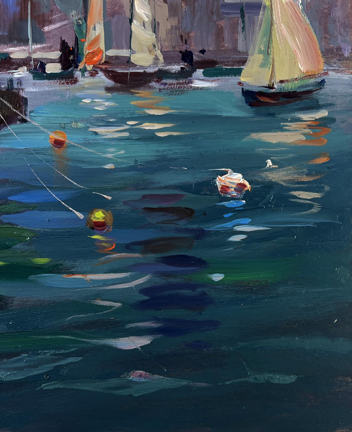 Vibrant impressionist oil painting of sailboats bobbing at city pier by Yuriy Suprunchuk