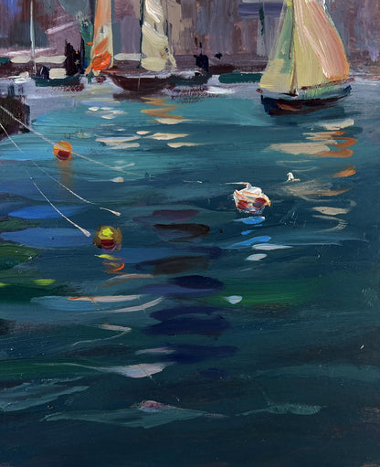 Vibrant impressionist oil painting of sailboats bobbing at city pier by Yuriy Suprunchuk