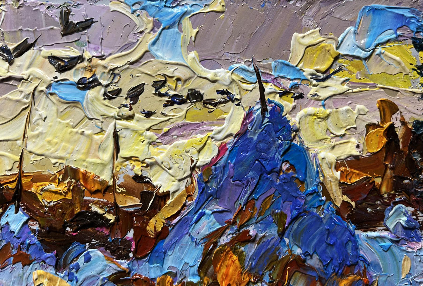 Oil painting Frosty evening by Oleksiy Ivanyuk, vibrant blue yellow brown impasto