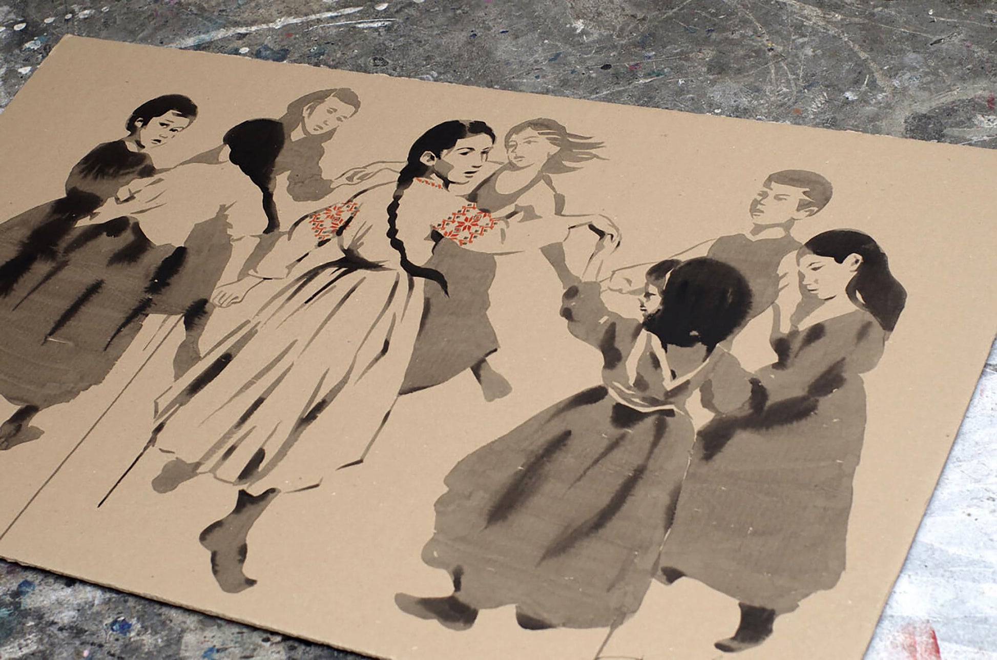 Sepia stencil of Ukrainian kids dancing by Dima Filatov on cardboard