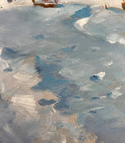 Oil painting of snowy village yard by Yuriy Suprunchuk with swirling blue brushstrokes