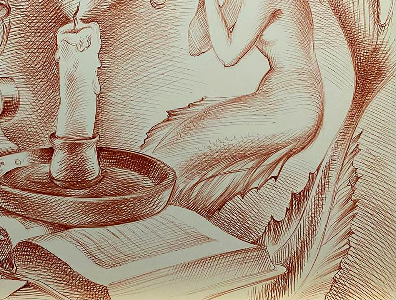 Detailed red pencil sketch of candle by Natalia Bulat in Reading Wisdom pen painting