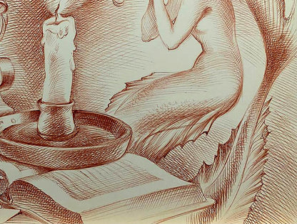 Detailed red pencil sketch of candle by Natalia Bulat in Reading Wisdom pen painting