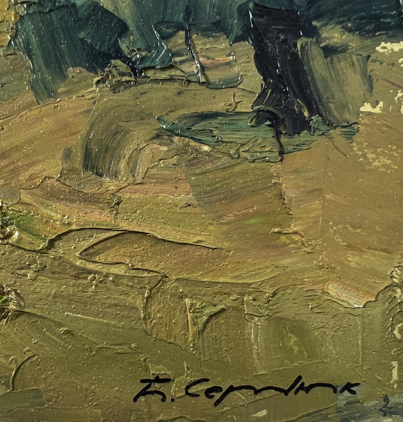 Oil painting of mountainous terrain by Boris Serdyuk in earthy impasto tones