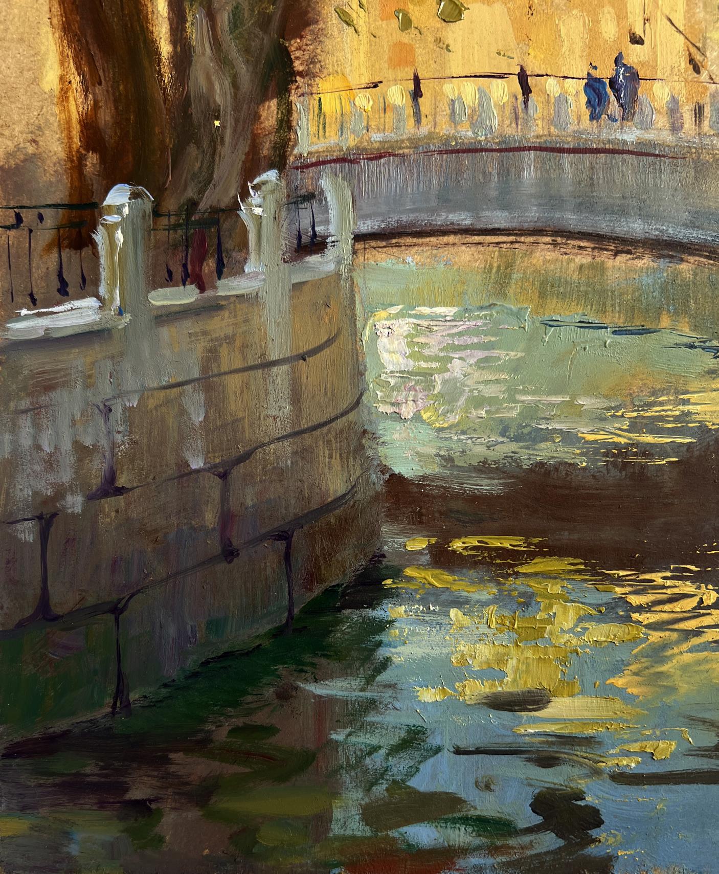 Oil painting of textured stone bridge in city park by Yuriy Suprunchuk