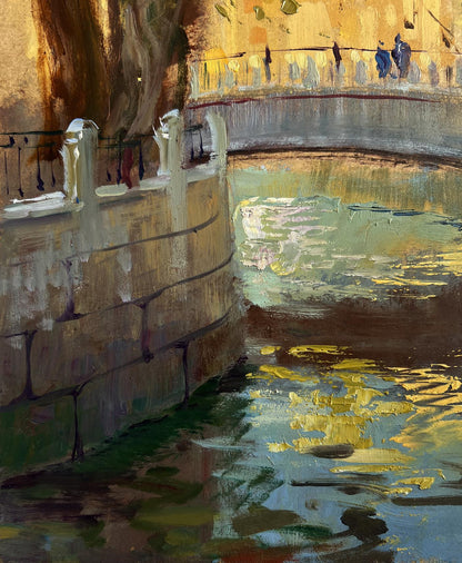 Oil painting of textured stone bridge in city park by Yuriy Suprunchuk