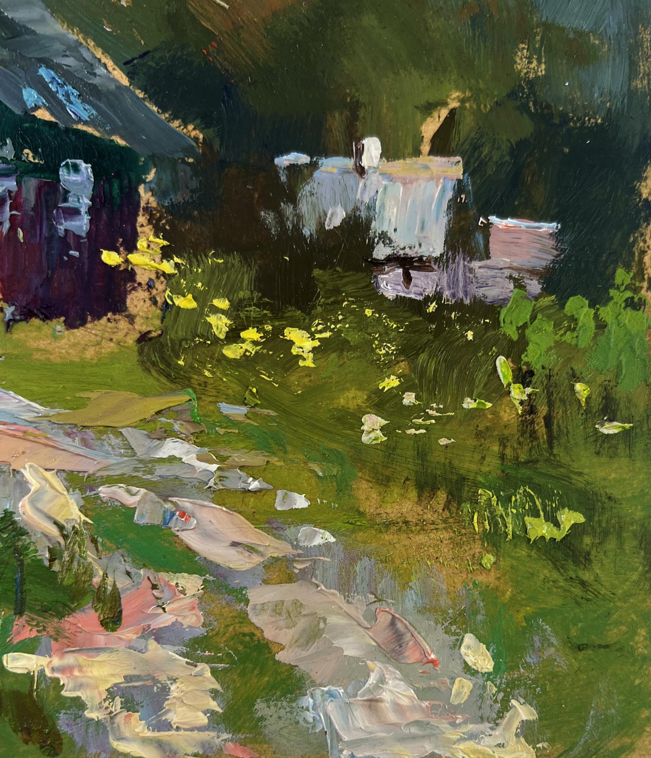 Vibrant impressionist oil painting of lonely house on lush green hill by Yuriy Suprunchuk