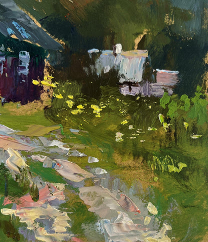 Vibrant impressionist oil painting of lonely house on lush green hill by Yuriy Suprunchuk