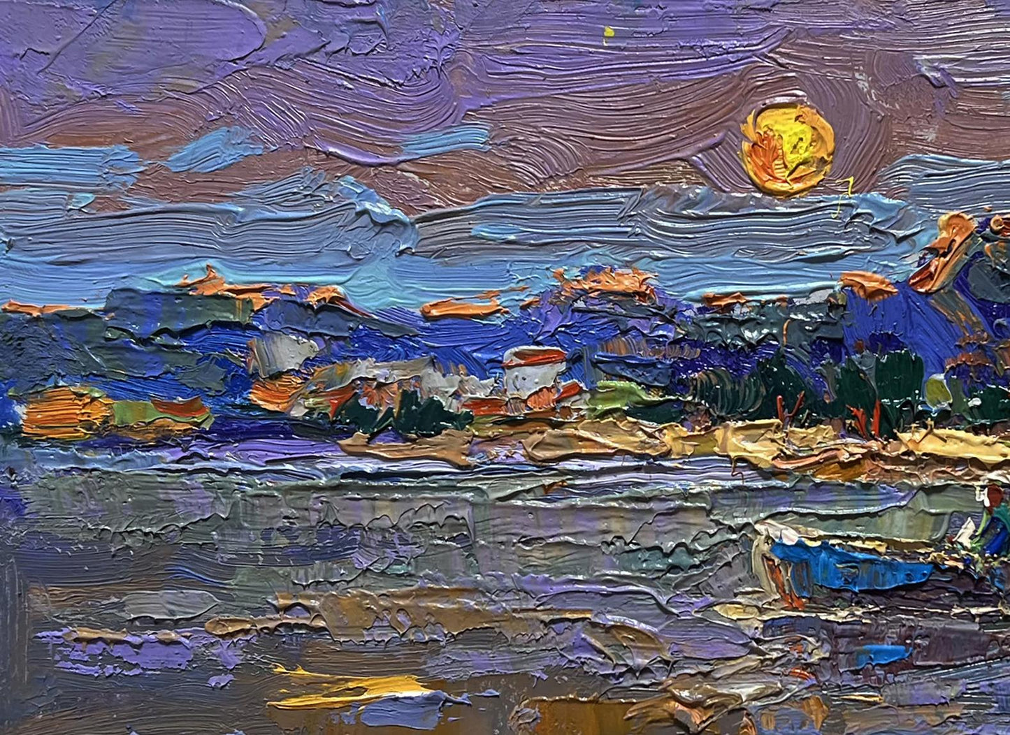 Oil painting Moon over the lake by Oksana Ivanyuk, textured coastal scene