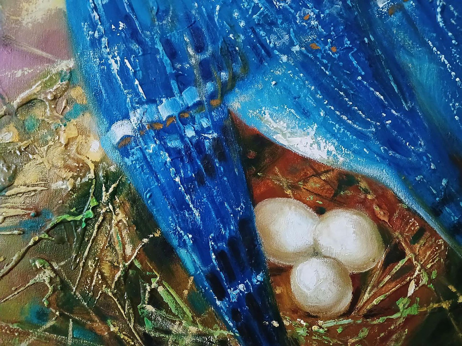 Abstract oil painting of blue bird Anatoly Tarabanov sheltering eggs