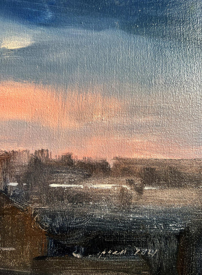 Oil painting of Northern Lights over village by Tatyana Derdey at dusk