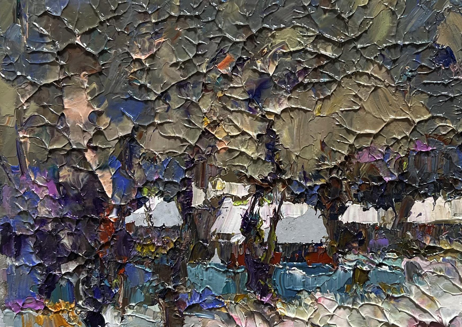 Textured impressionist oil painting of winter twilight forest by Oksana Ivanyuk
