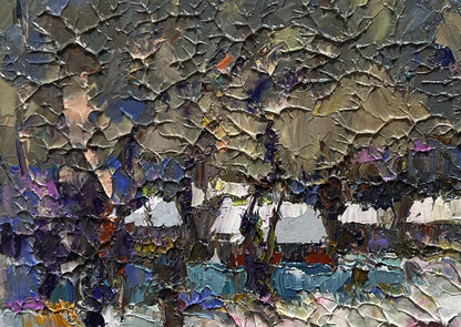 Textured impressionist oil painting of winter twilight forest by Oksana Ivanyuk