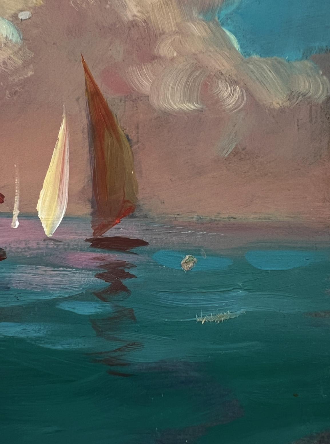 Oil painting of vibrant orange sailboat at sunset sea by Yuriy Suprunchuk