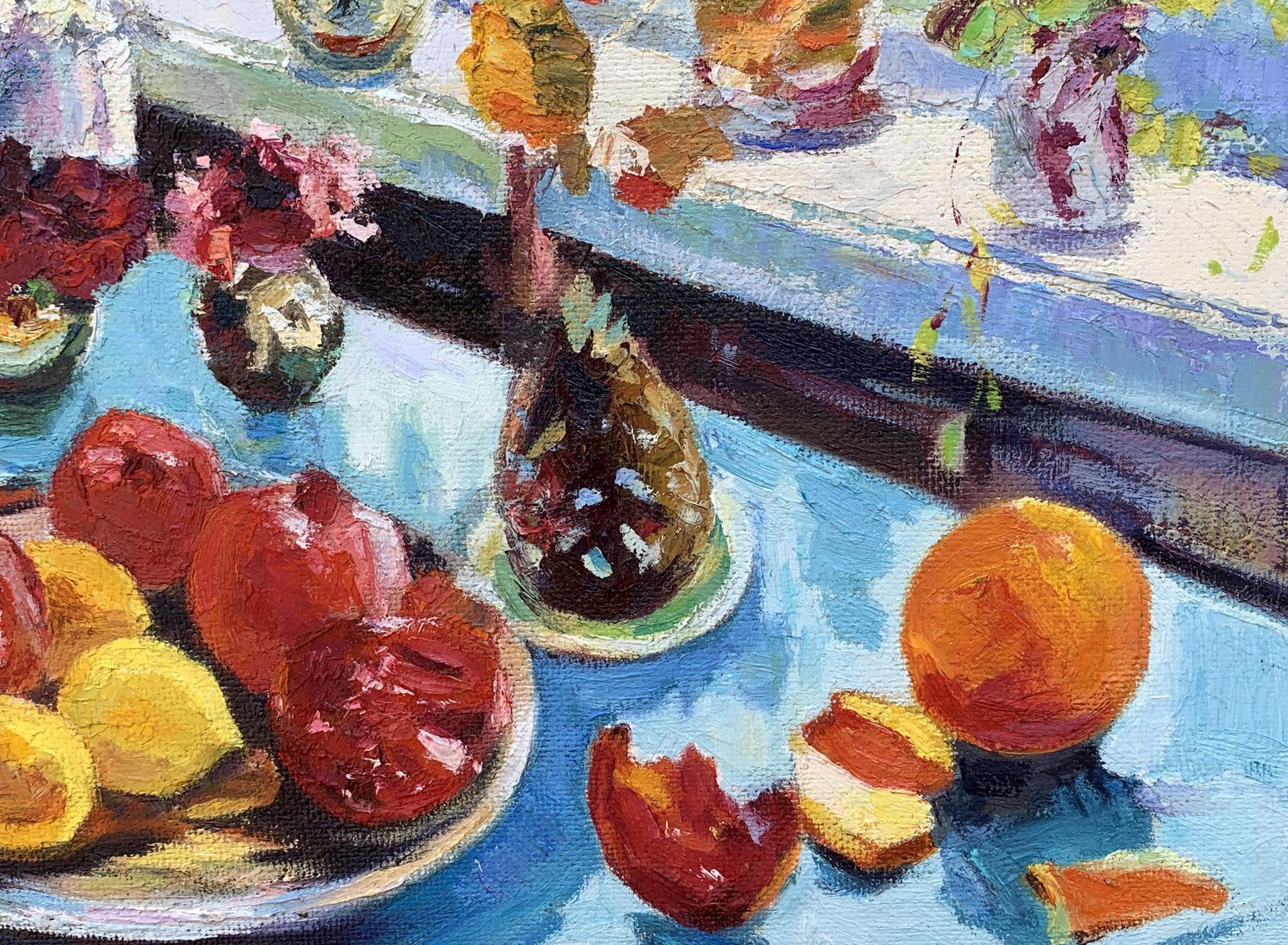 Oil painting The fruit table is set by Boris Serdyuk with pomegranates lemons orange