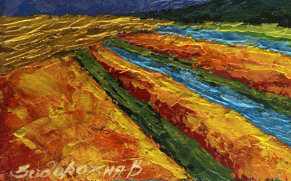 Vibrant impressionist oil painting by V. Zadorozhnya: fiery sunset field