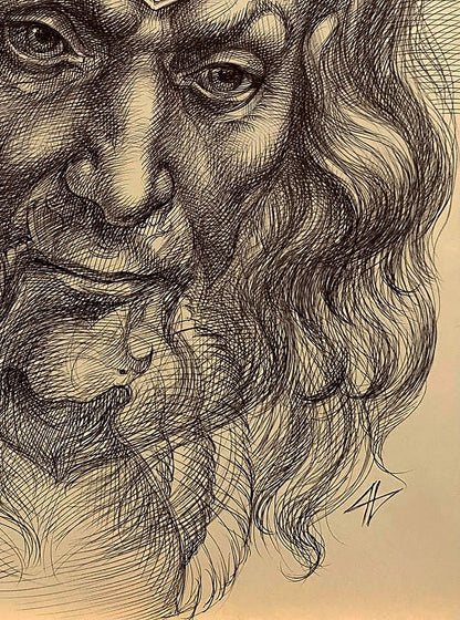 Detailed black-and-white sketch of bearded man by Natalia Bulat