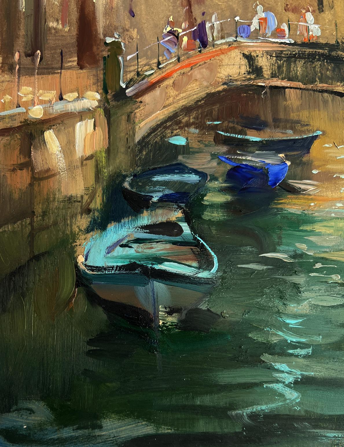 Oil painting of blue boats under Venice stone bridge by Yuriy Suprunchuk