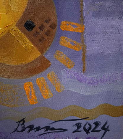 Oil painting Light lines by Sergiy Voichenko, golden sun on lavender, signed bran 2024