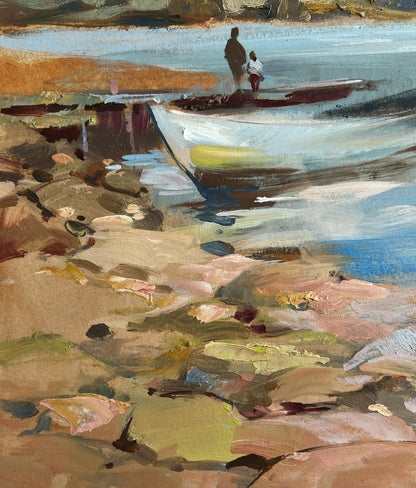 Oil painting Sailing on a yacht by Yuriy Suprunchuk: white boat on rocky shore