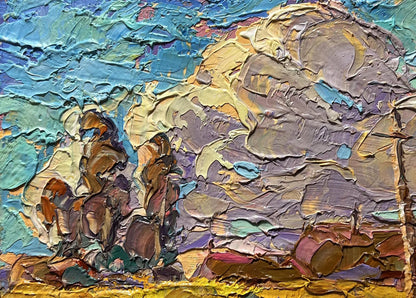Oil painting Early autumn morning by Oleksiy Ivanyuk, teal gold brown brushstrokes