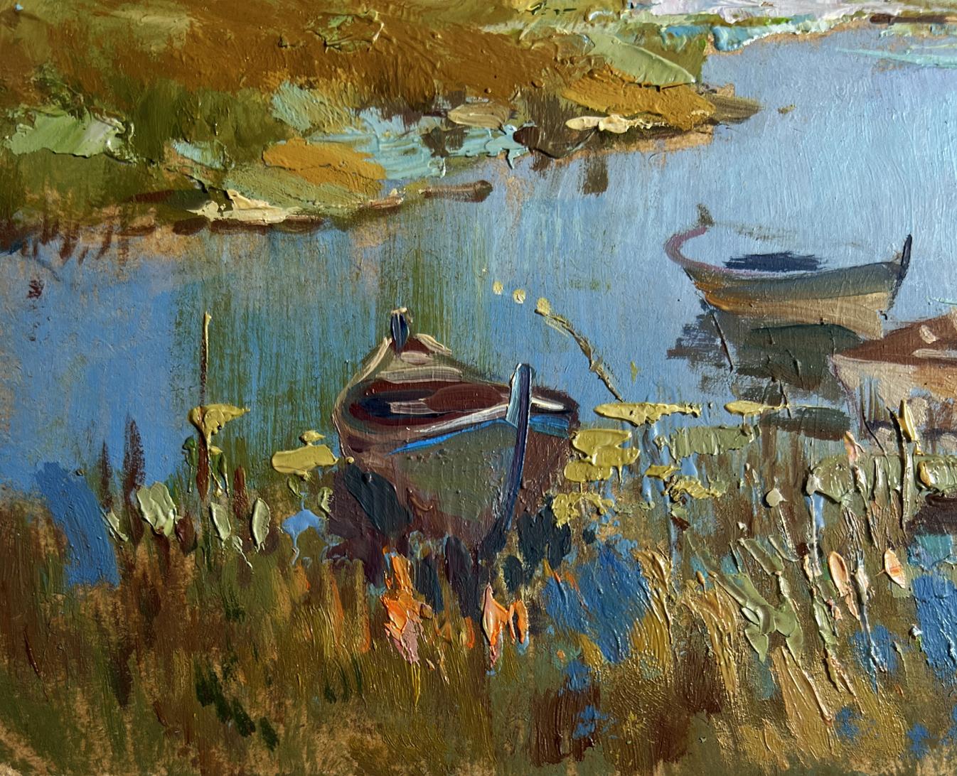 Oil painting of rowboats in calm river near village by Yuriy Suprunchuk