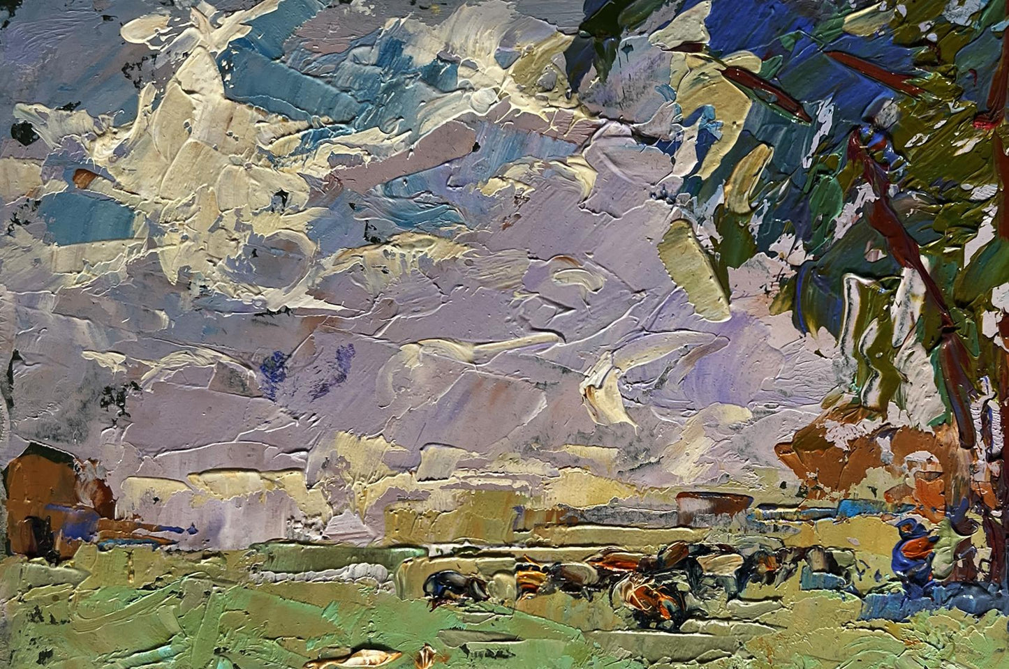 Oil painting of shepherd in field by Oleksiy Ivanyuk, impasto landscape
