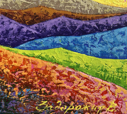 Vibrant abstract oil painting by V. Zadorozhnya: layered purple mountains