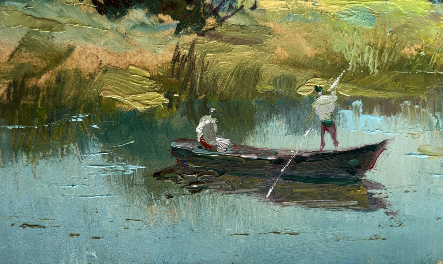 Textured oil painting by Yuriy Suprunchuk of two people sailing in rowboat on calm water