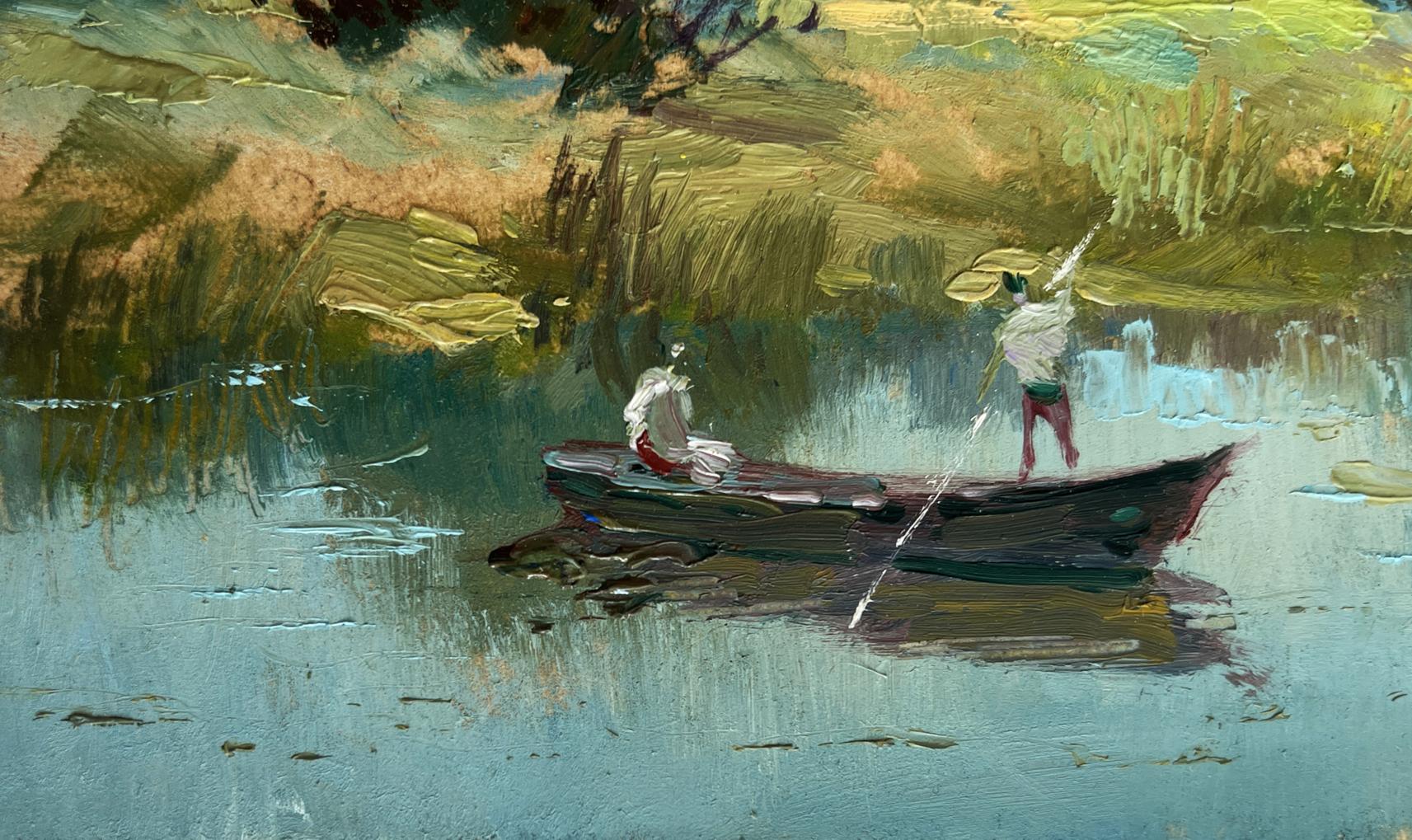 Textured oil painting by Yuriy Suprunchuk of two people sailing in rowboat on calm water