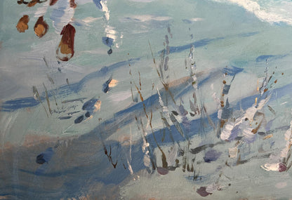 Village Winter Tale oil painting by Yuriy Suprunchuk, abstract blue winter scene