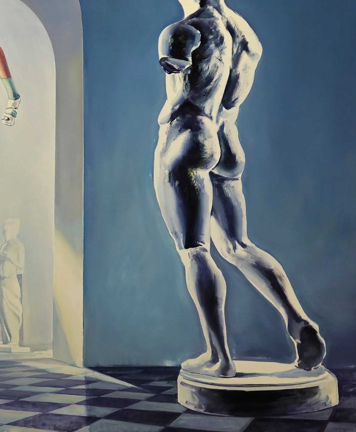 Polished dark gray marble male figure statue on pedestal, Igor Konovalov style