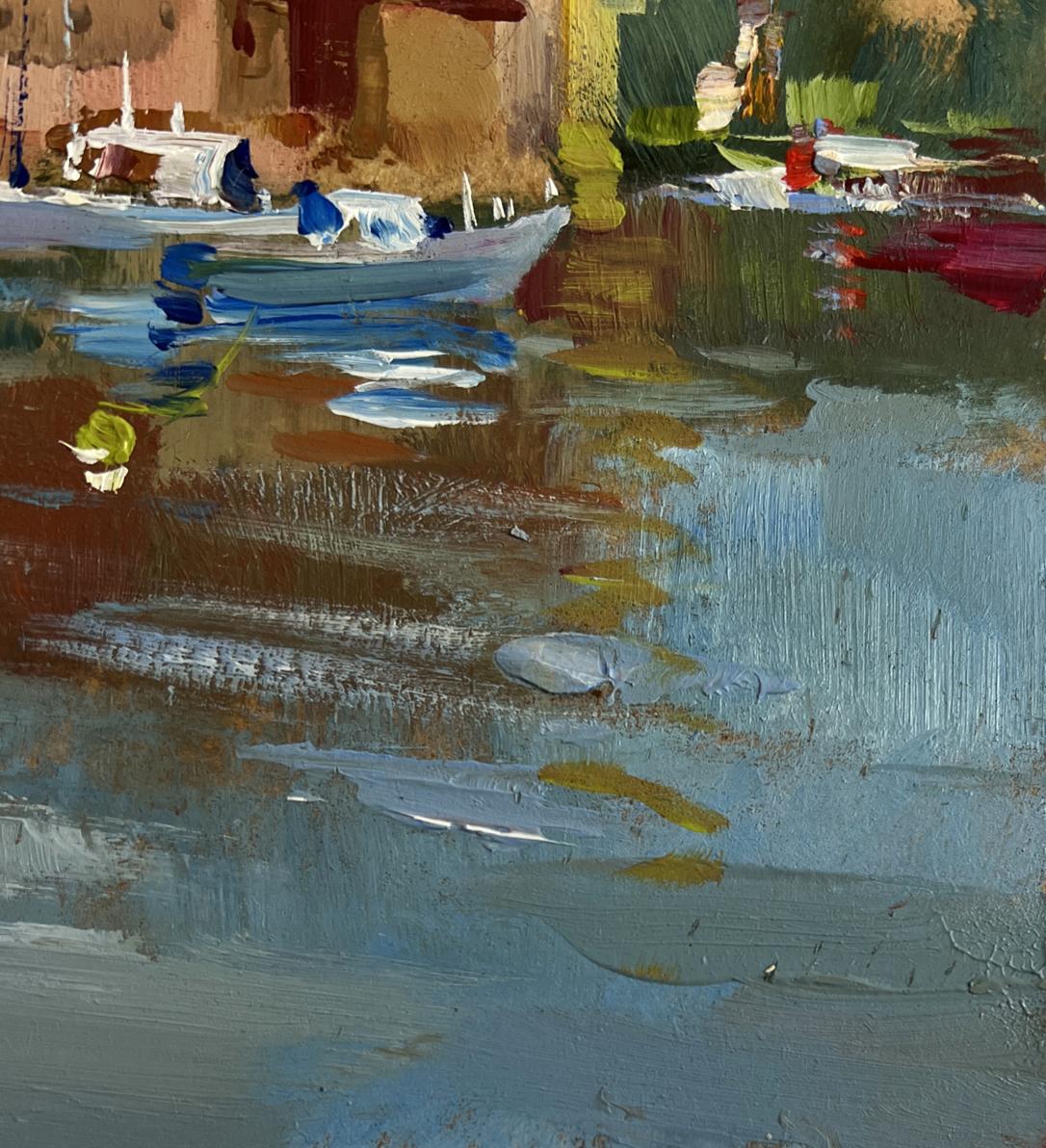 Impressionistic oil painting of sunset glow over rooftops by Yuriy Suprunchuk