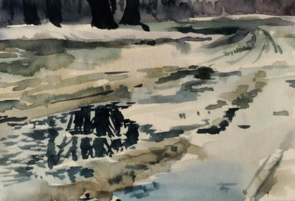 Watercolor painting of snowy landscape with dark trees by Vitaly Duhnevich