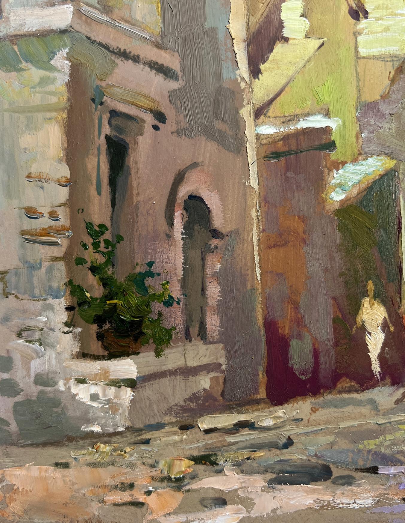 Textured oil painting of sunlit Old Street alley by Yuriy Suprunchuk