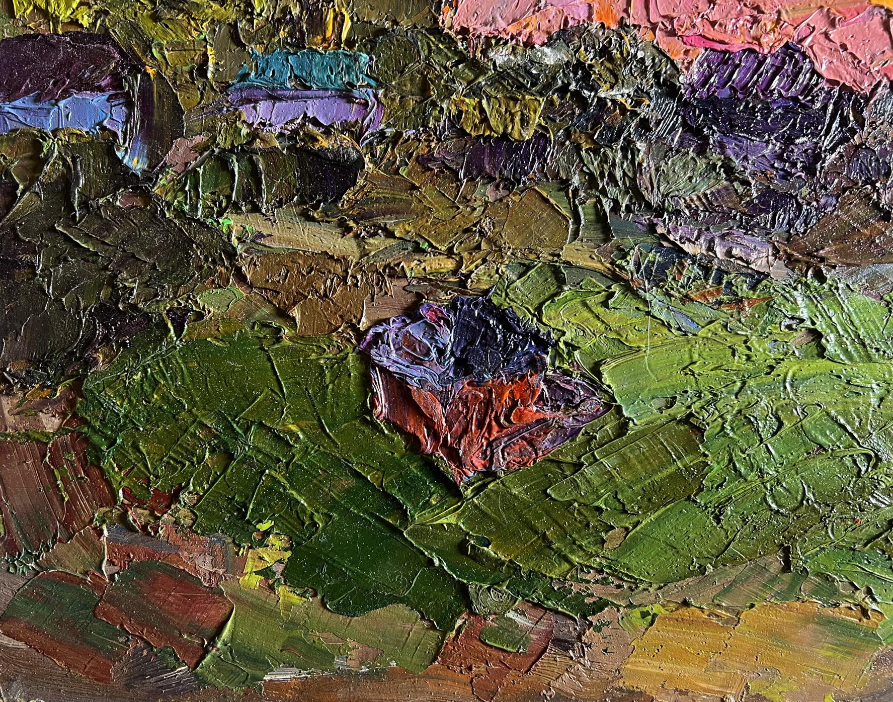 Textured oil painting palette with green, brown, purple, pink layers by Boris Serdyuk