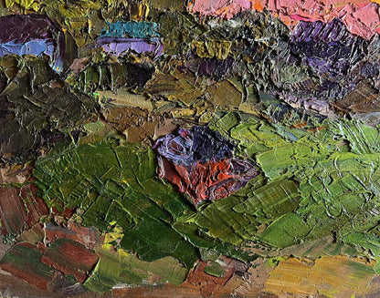 Textured oil painting palette with green, brown, purple, pink layers by Boris Serdyuk