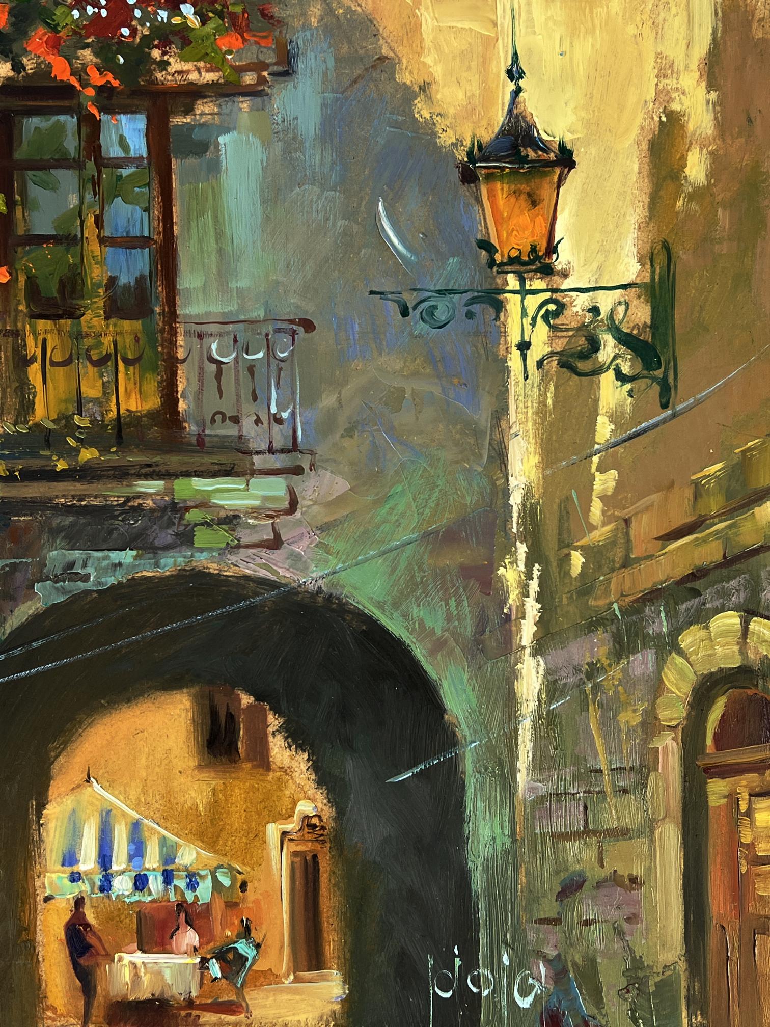 Vintage wrought iron street lamp in Yuriy Suprunchuk Venice oil painting