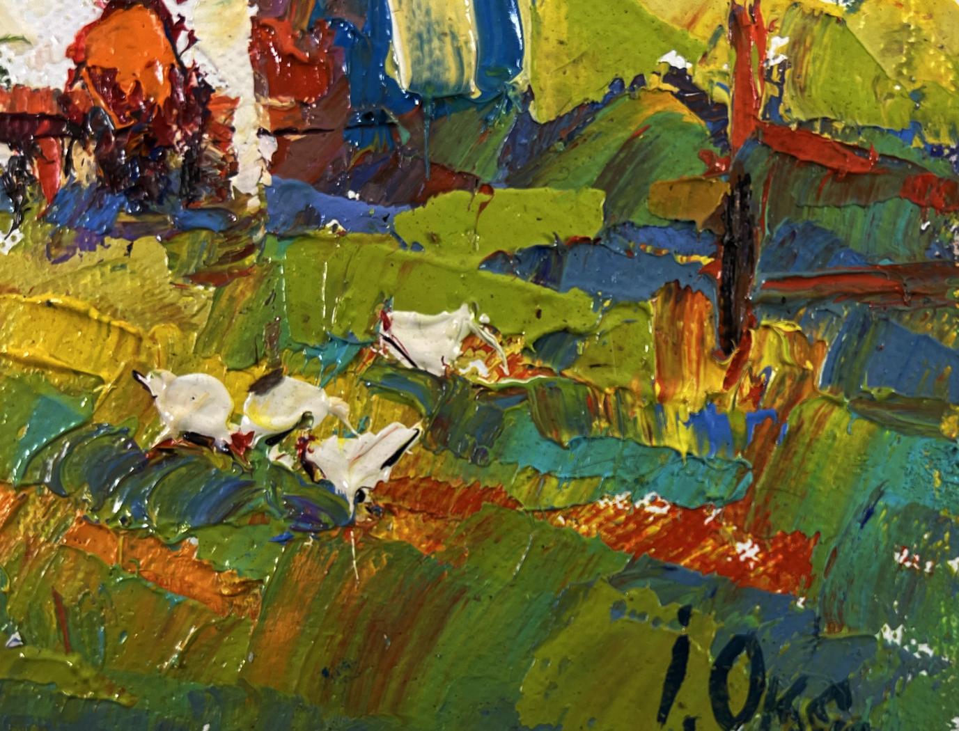 Vibrant impressionist oil painting by Oksana Ivanyuk with birds and light on grass