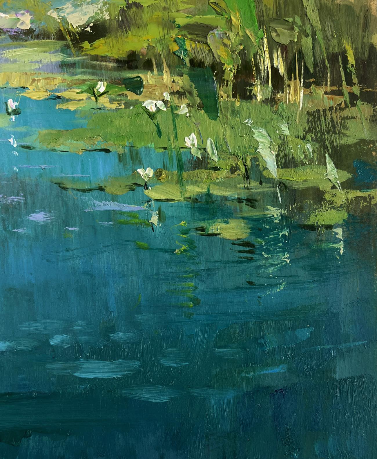 Vibrant impressionist oil painting of girl washing at lily pond by Yuriy Suprunchuk